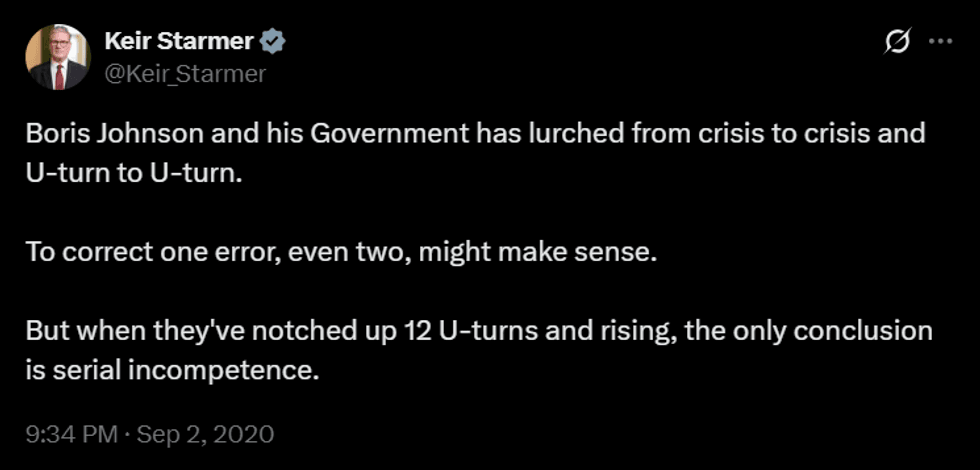 \u200bStarmer was previously critical of Boris Johnson's Government for U-turning