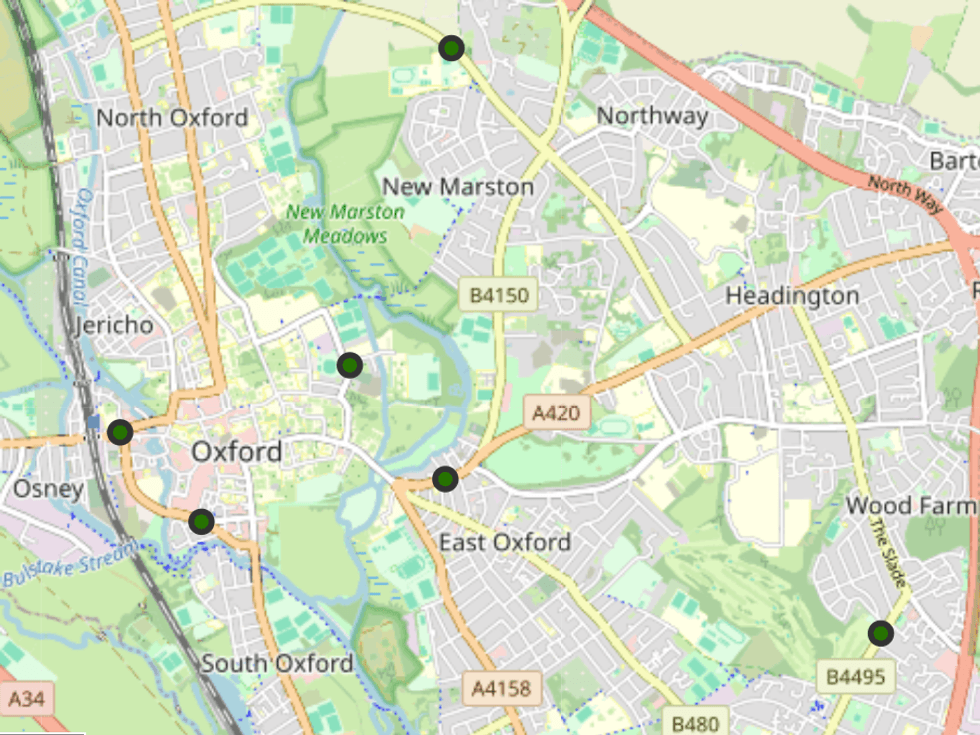 \u200bThe six streets marked in green will be part of Oxford's congestion charge scheme