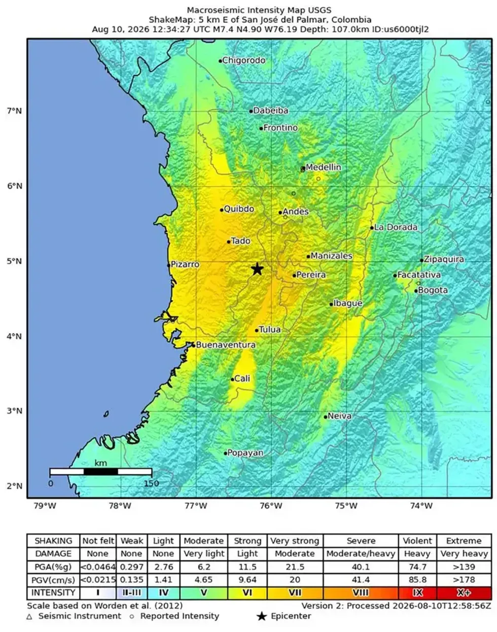 \u200bUSGS shake map of the Colombia earthquake