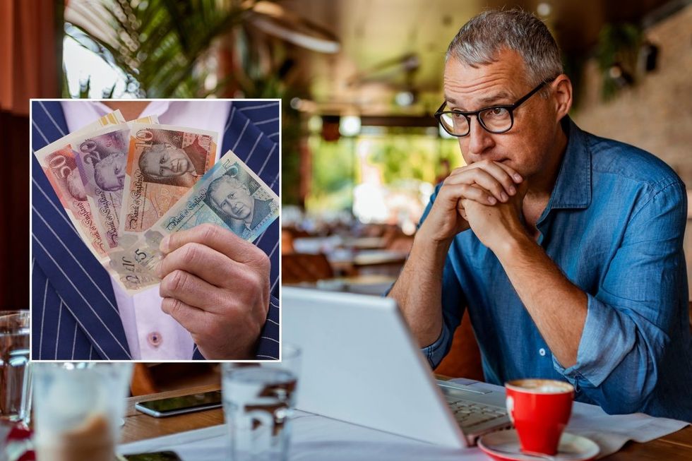 UK money and a concerned man on a laptop