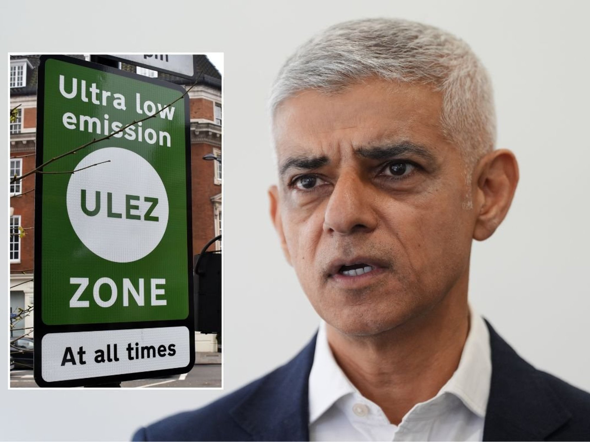 Ulez sign and London Mayor Sadiq Khan