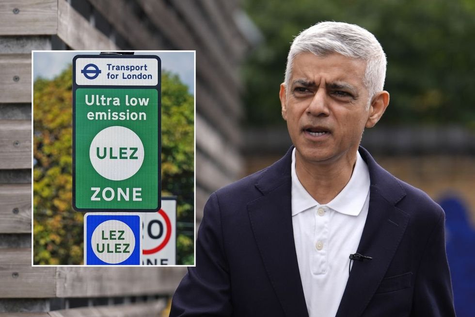 Ulez sign and Sir Sadiq Khan