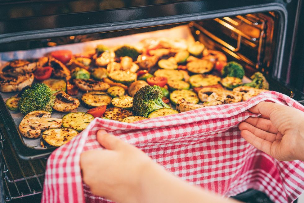 Vegetables on a tray in the oven