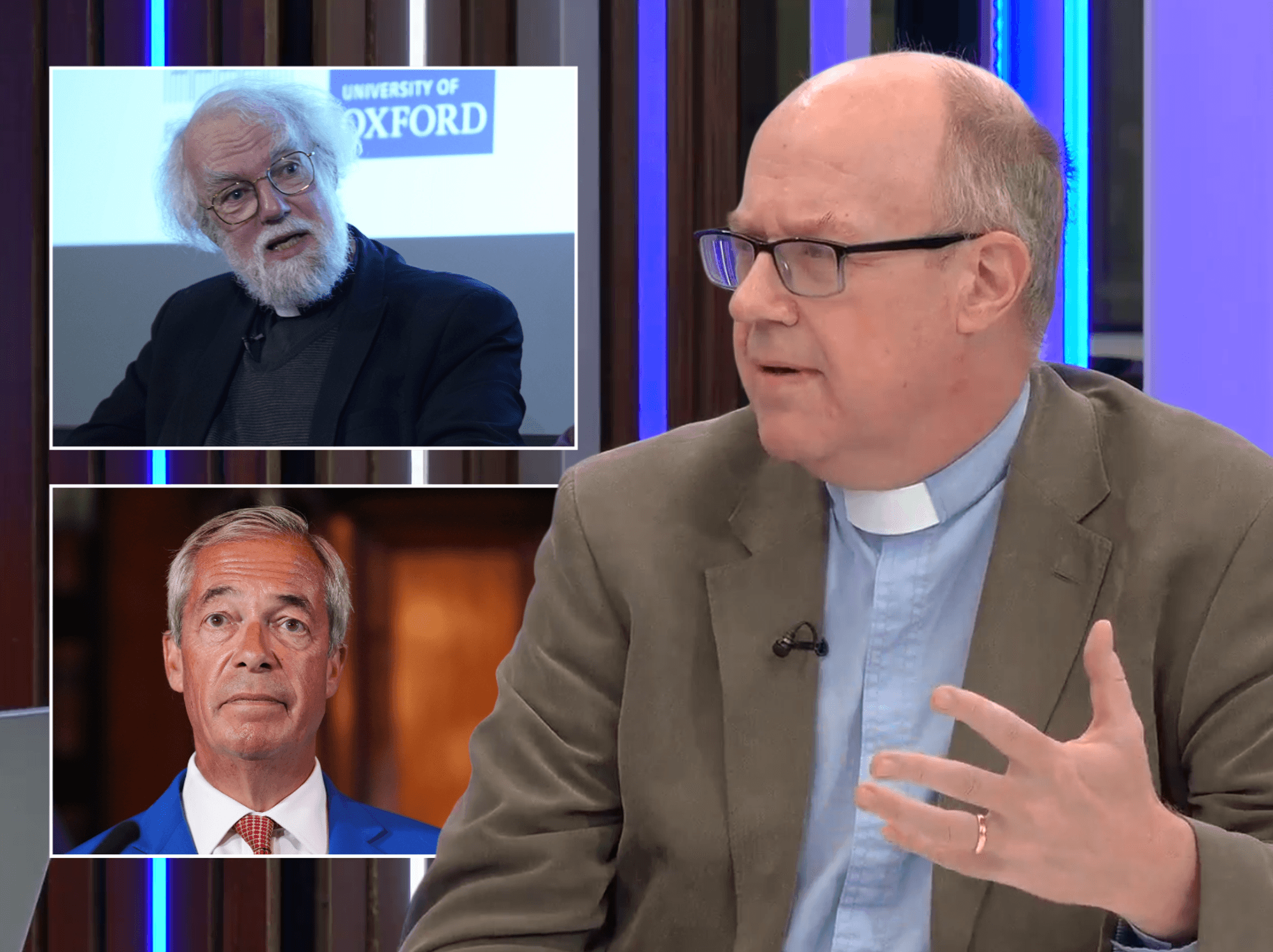 Vicar Stephen Kuhrt, insert: Rowan Williams, Nigel Farage