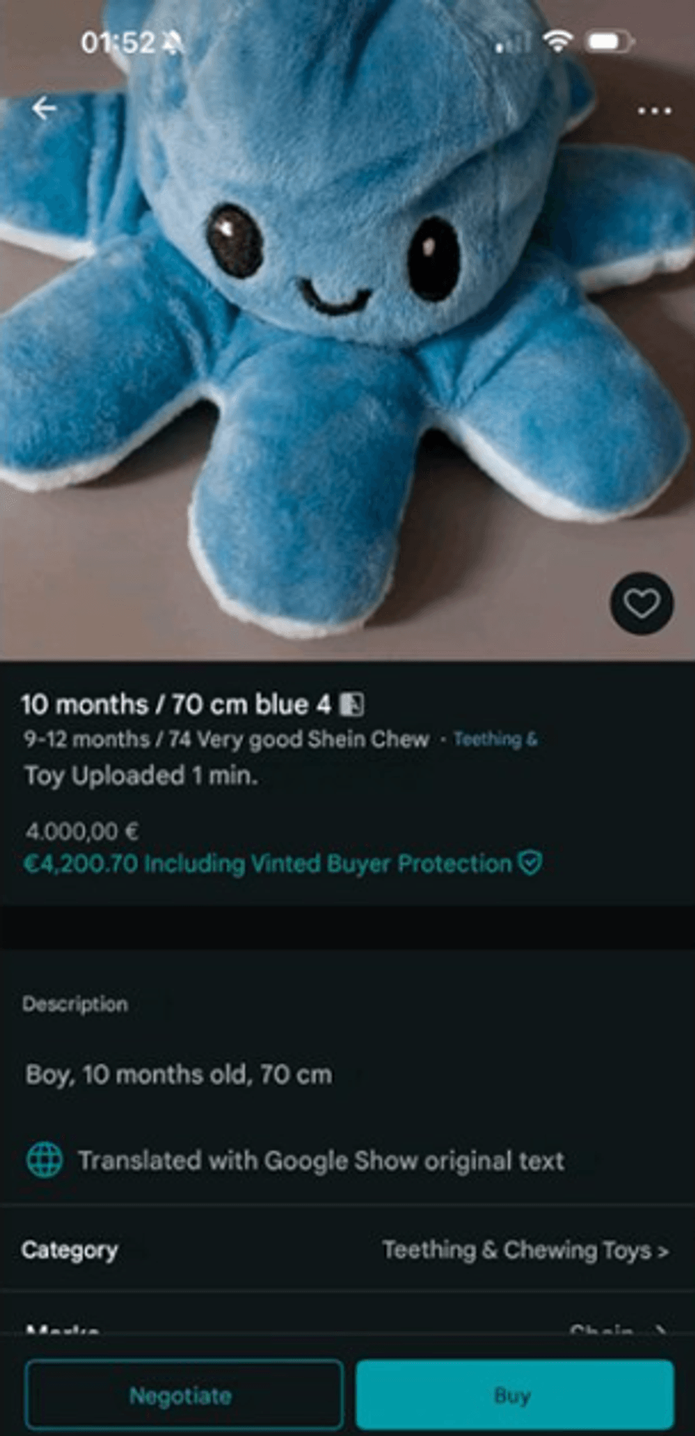 Vinted listing describing a 10-month-old boy who is 70 centimetres