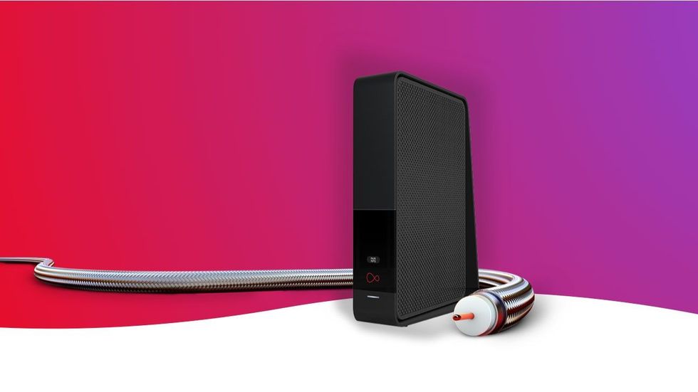 virgin media wi-fi router pictured with cable snaking around it on a colourful background