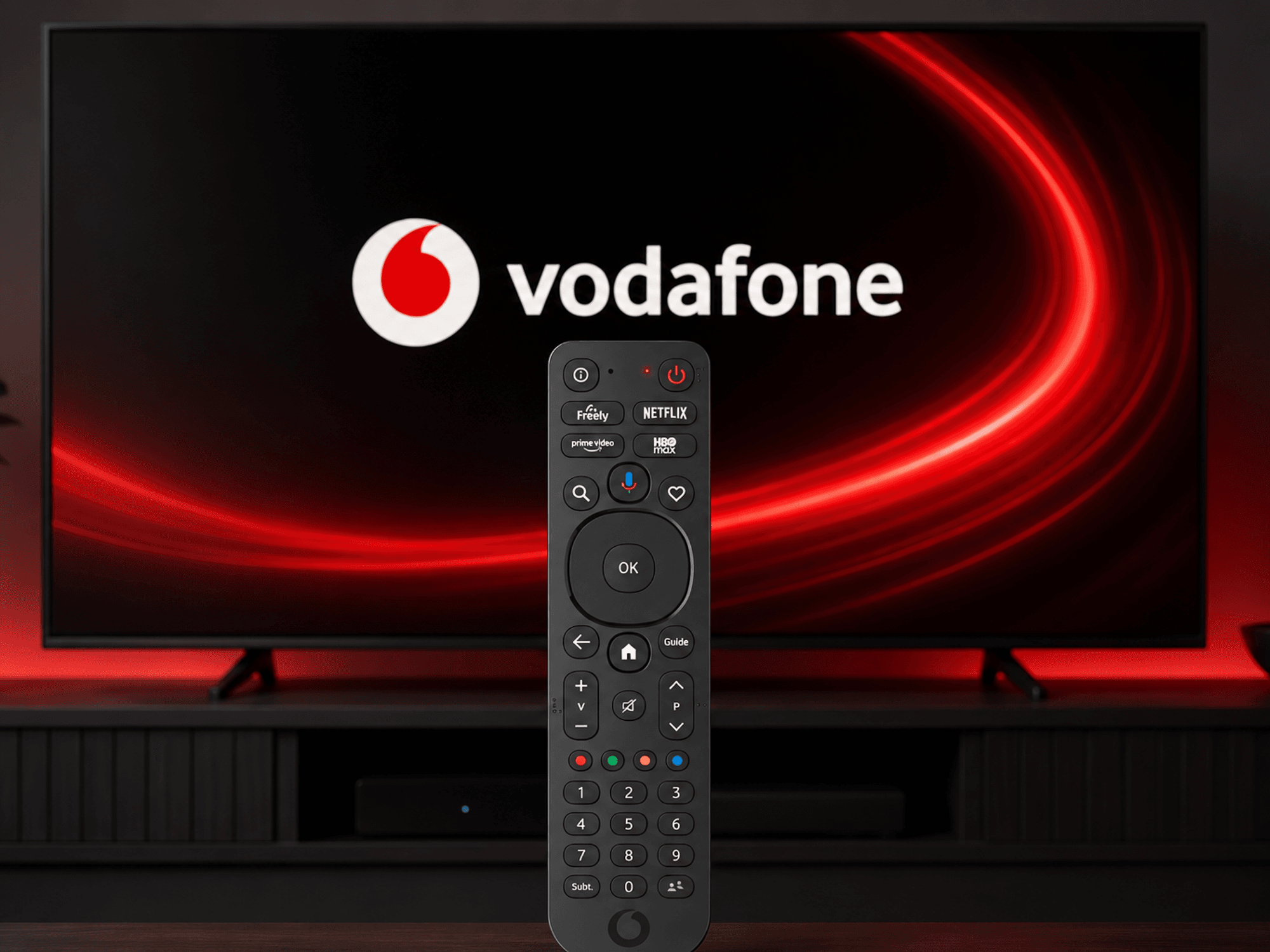 Vodafone TV remote in front of television