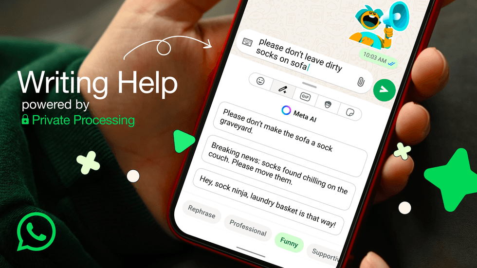 Whatsapp open on smart phone to display new Writing Help feature