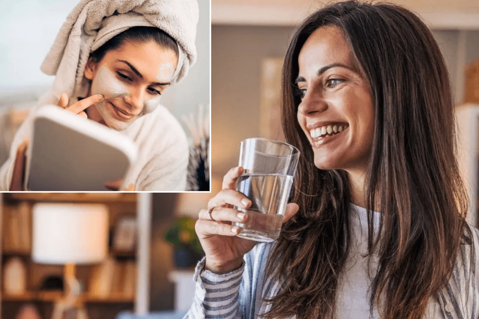 Woman applying face mask / woman drinking water 