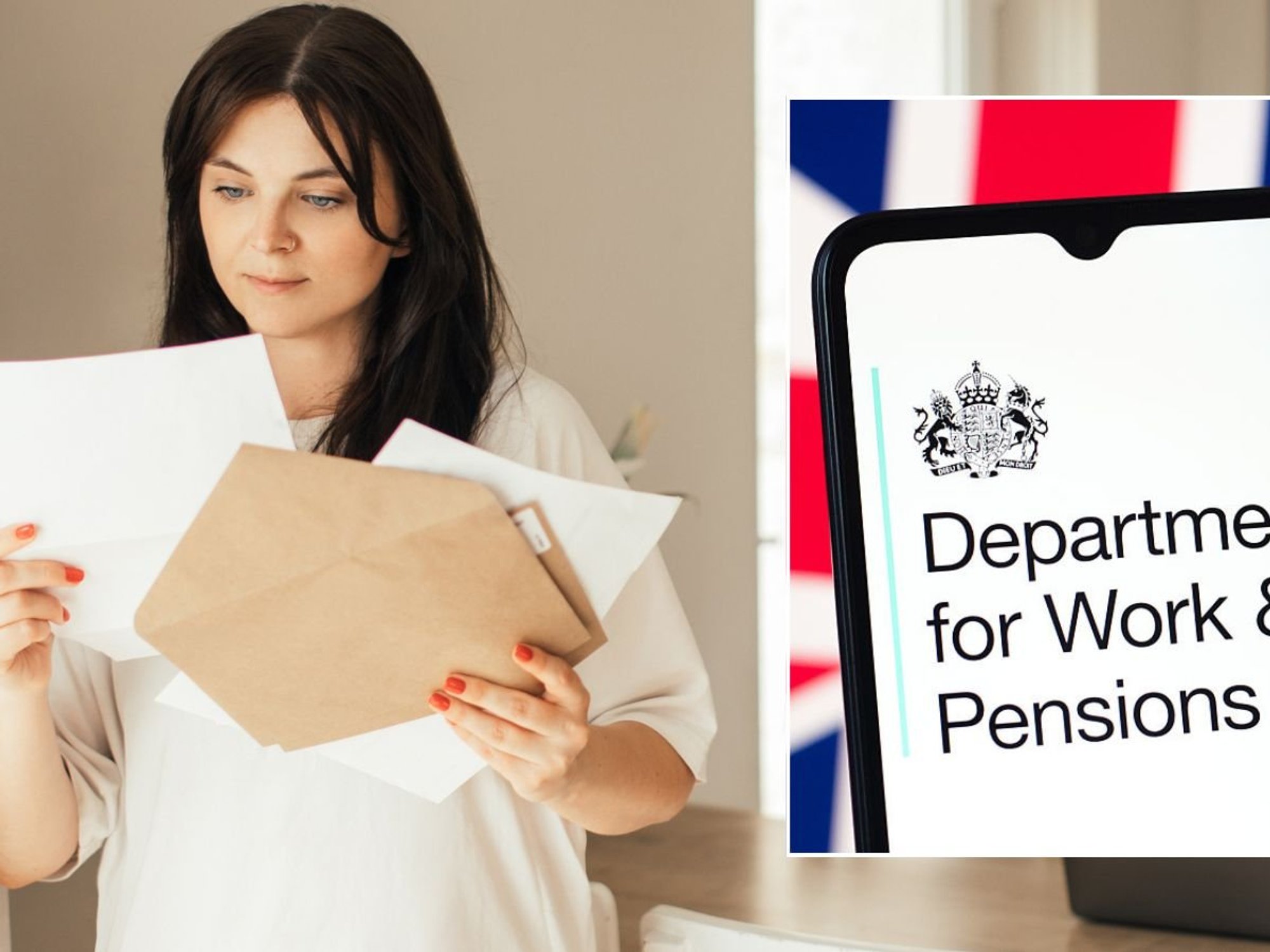 Woman looking at letter and DWP sign on phone
