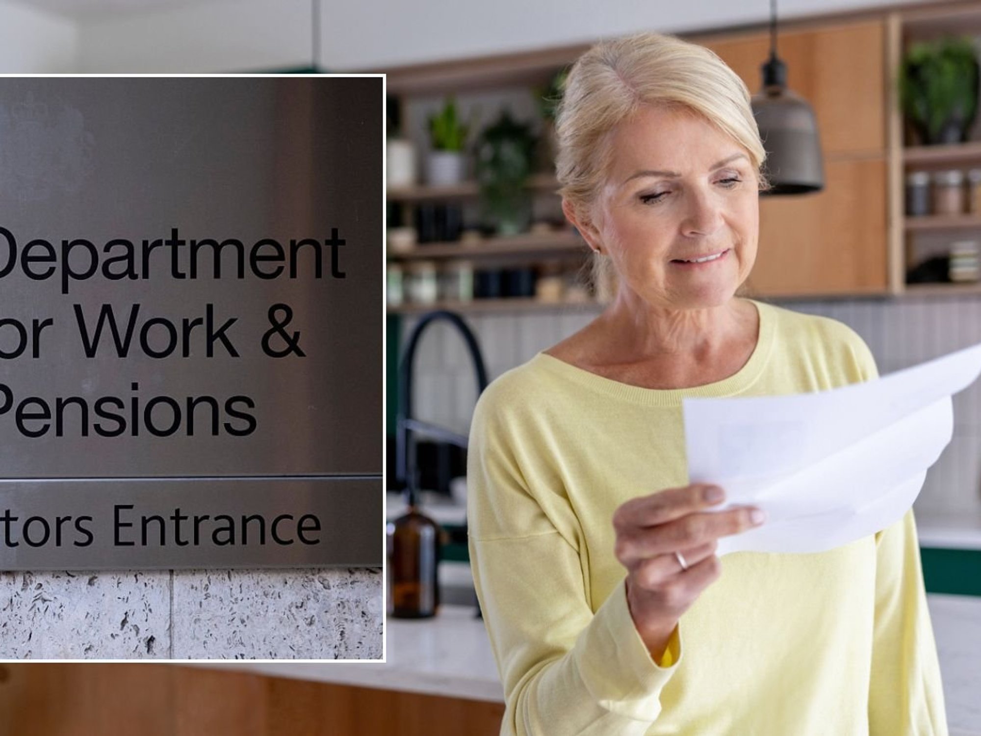 Woman looking at letter and DWP sign