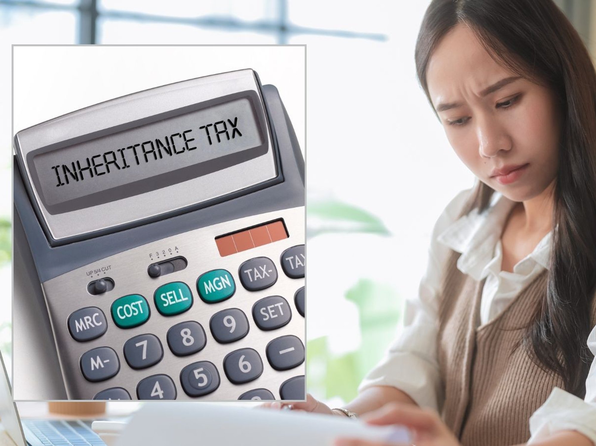 Woman looking at letter and inheritance tax on calculator