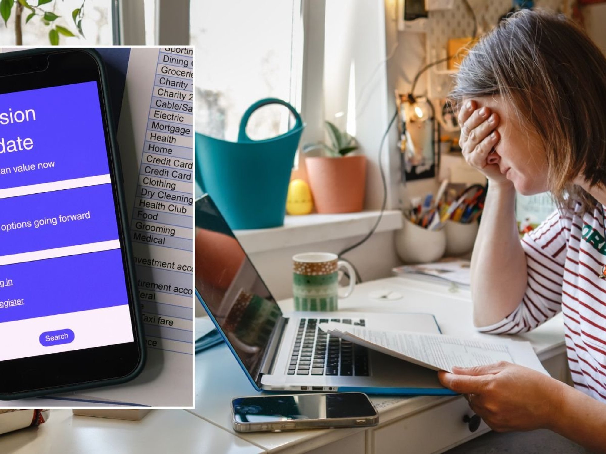 Woman looking worried and pension account on phone