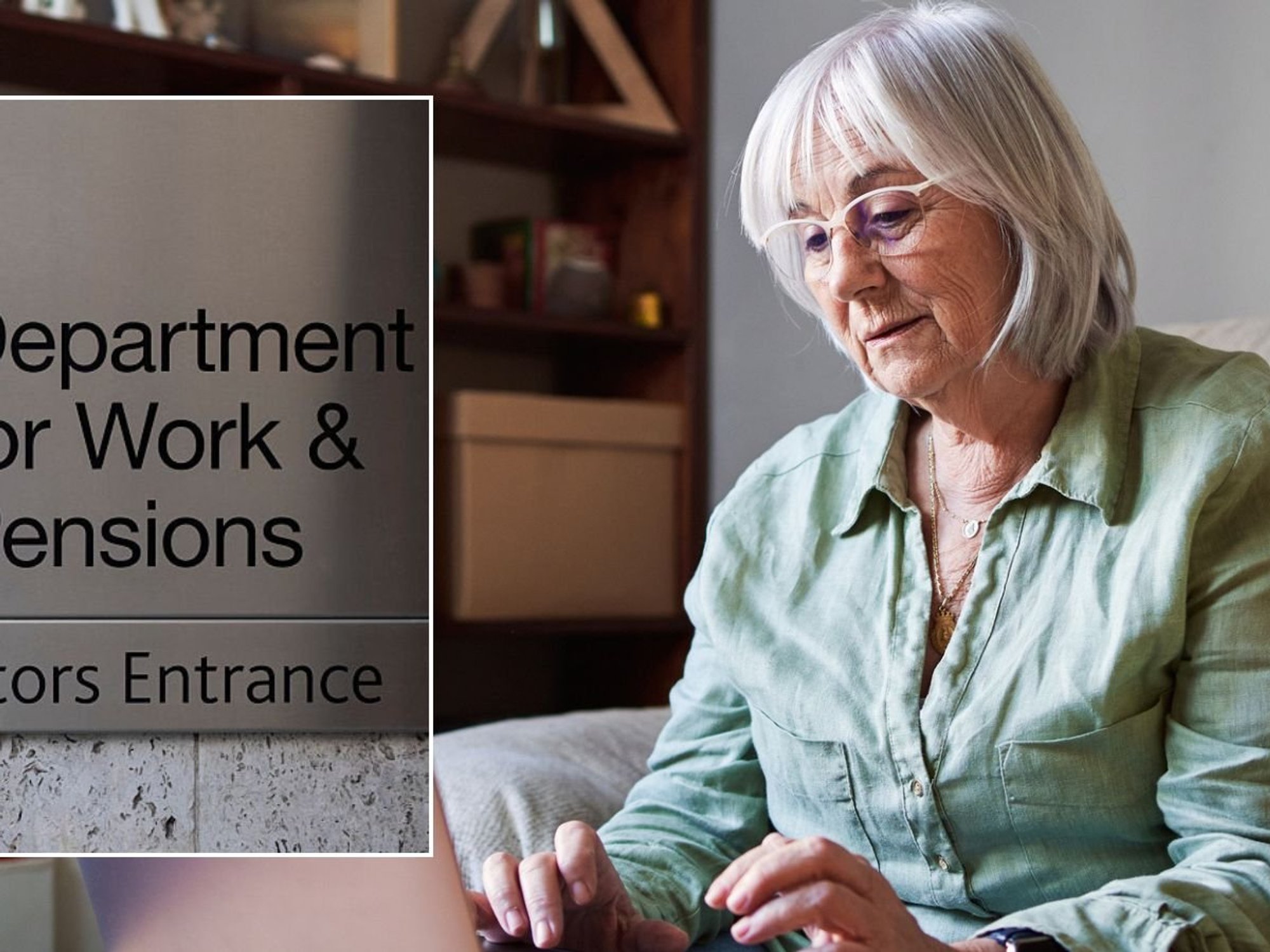 Woman on laptop and DWP sign