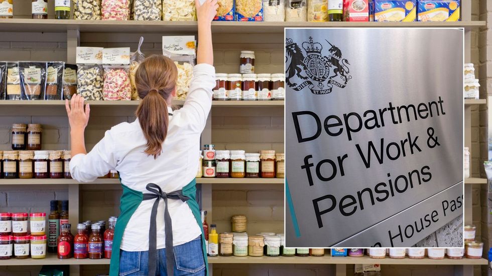 Woman packing shelves and DWP sign