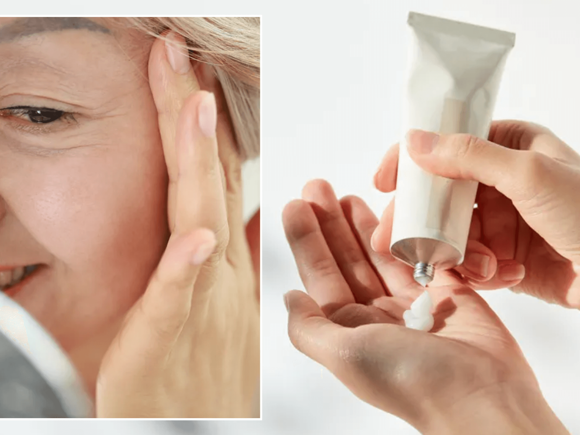 Woman touching face / woman putting moisturiser on hands
