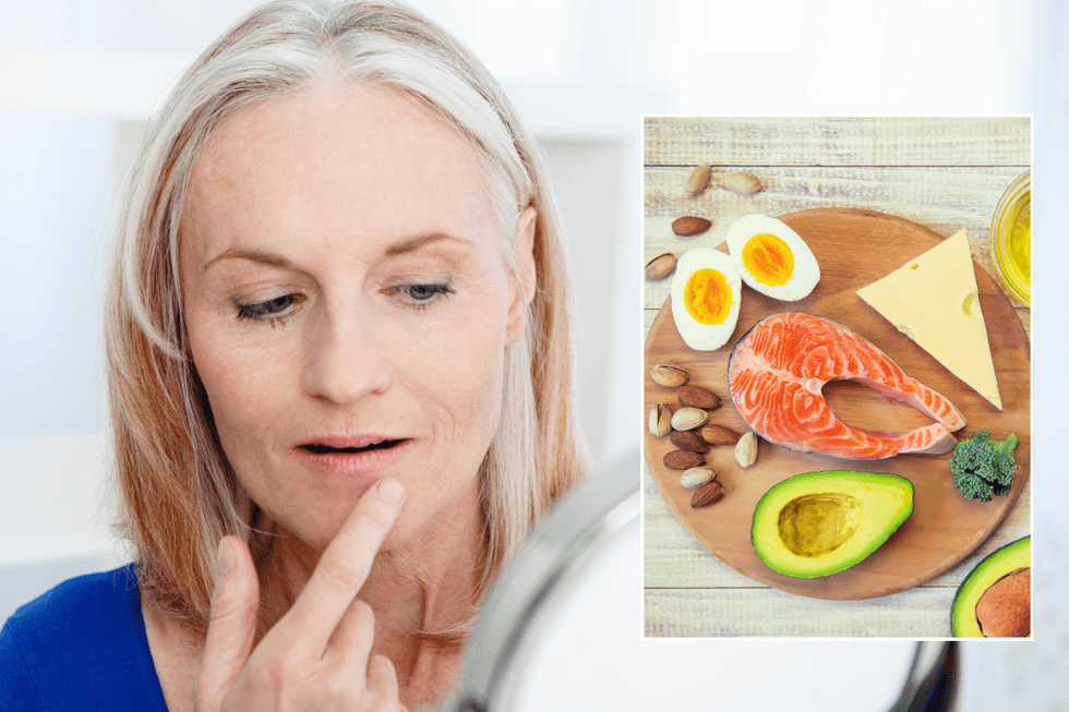 Woman touching tips / high-fat foods on a wooden plate