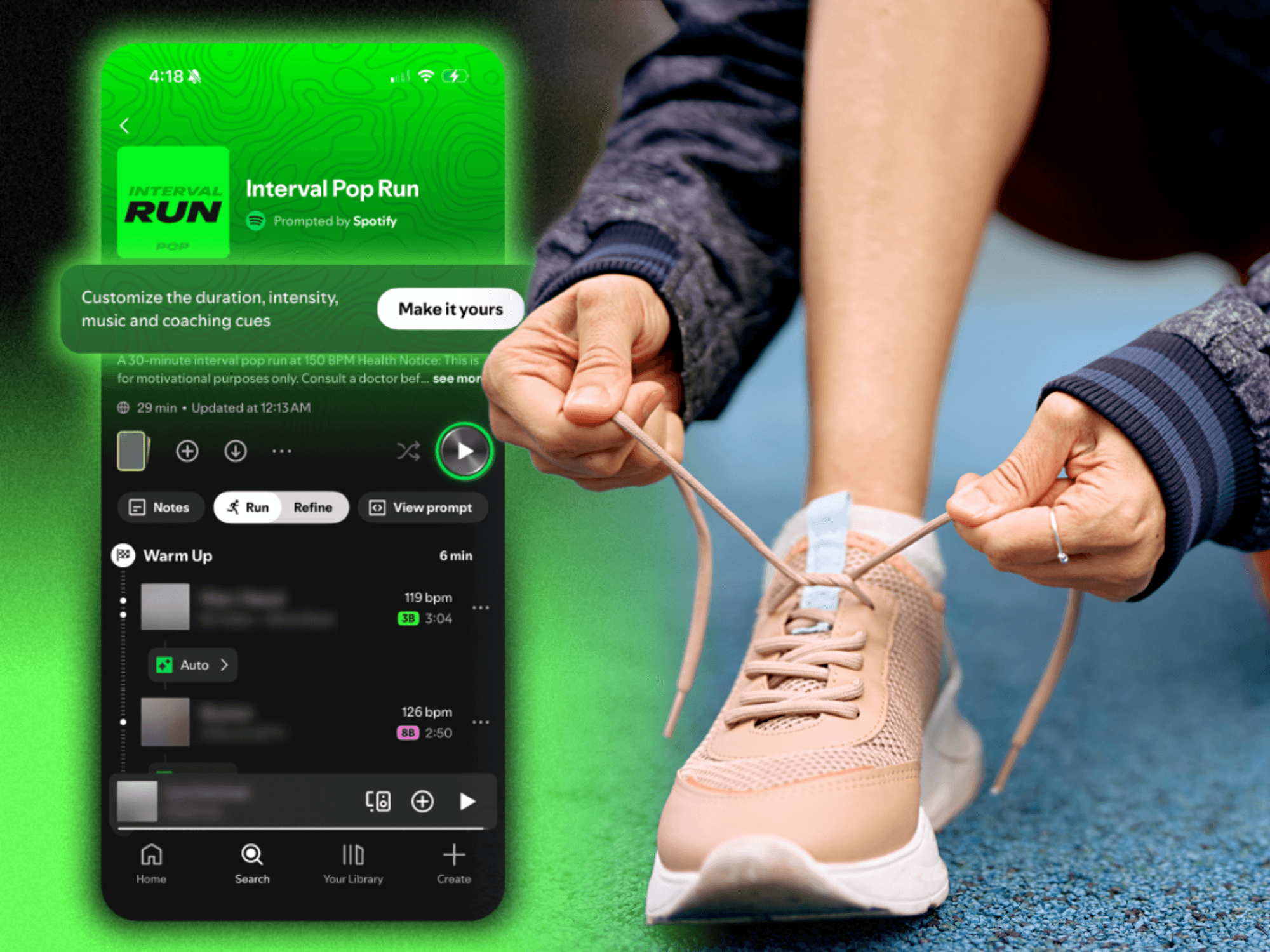 woman tying shoelace with android feature on Spotify app
