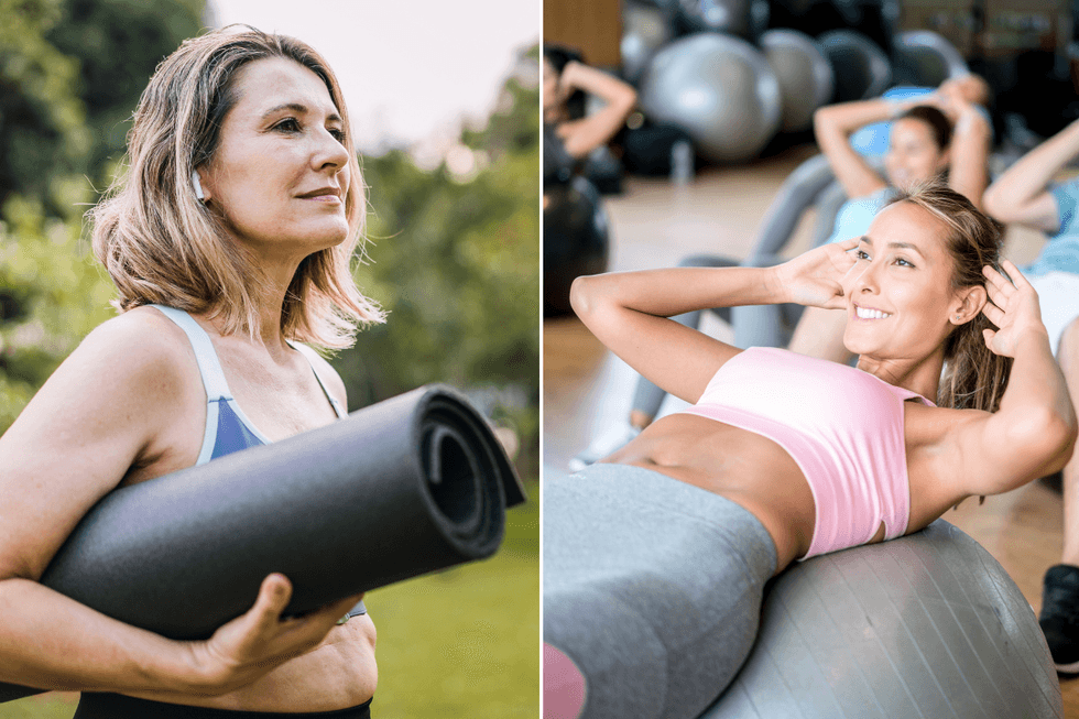 Woman with yoga mat /woman doing sit ups
