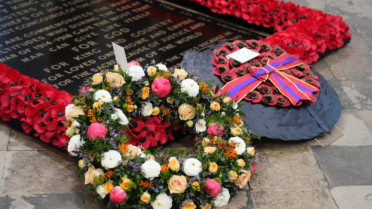 Wreaths laid by King Charles III on behalf of the Nation and the Commonwealth, and Prince William, Prince of Wales and on behalf of Veterans and the Second World War generation, at the Grave of the Unknown Warrior, during a Service of Thanksgiving at Westminster Abbey in London on the 80th anniversary of VE Day on May 8, 2025 in London, England.