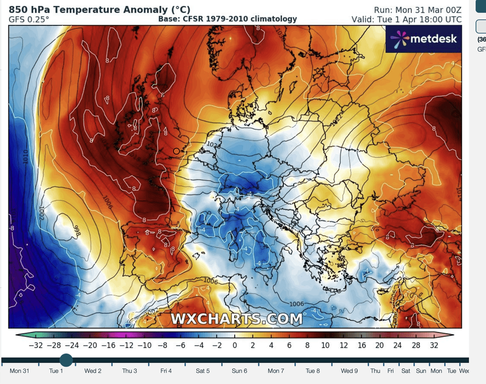 WXCharts map shows Britain to see more heat than usual
