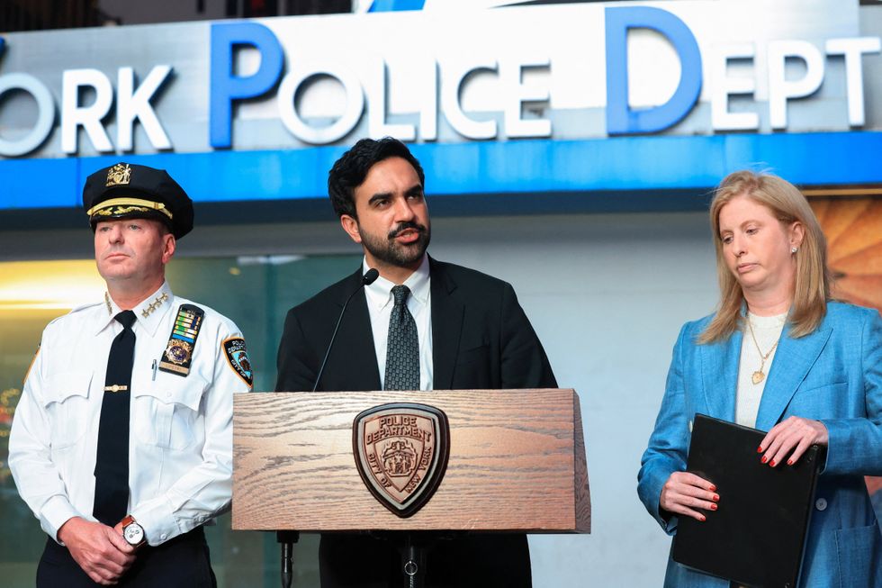 Zohran Mamdani (centre) and Jessica Tisch (right)
