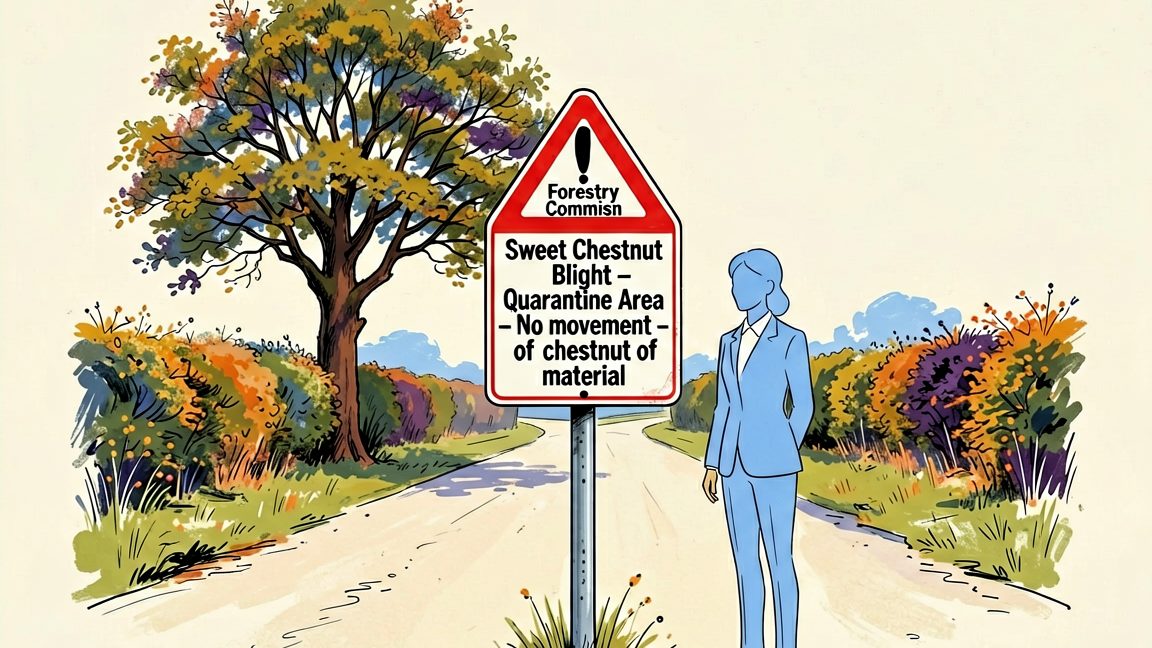 Forestry Commission quarantine signage marking the Sweet Chestnut Blight zone on a country road in West Devon