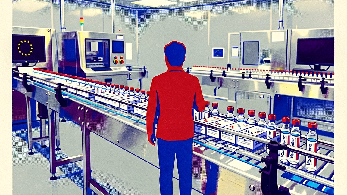 Visudyne (verteporfin) glass vials on a clean‑room pharmaceutical packaging line at an EU manufacturing site