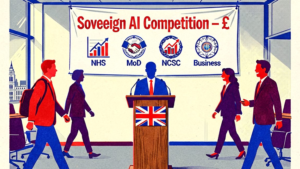£100 million Sovereign AI competition launch banner and podium at the Department for Business, Innovation, Science and Trade (BEIS) in Whitehall, London