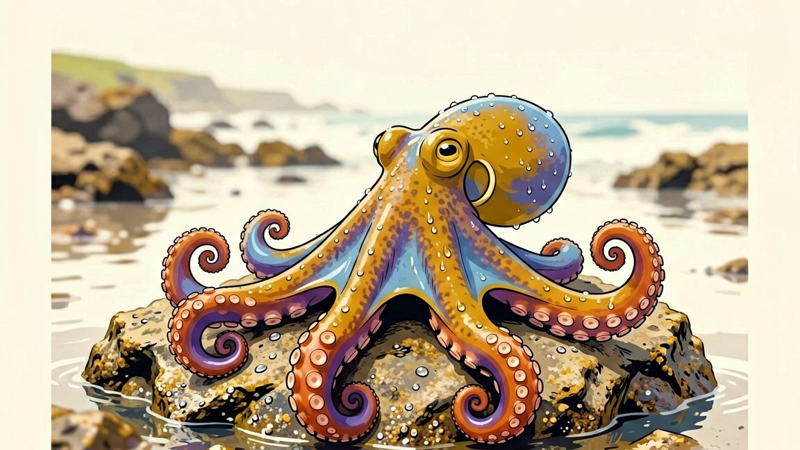 Common octopus (Octopus vulgaris) on a rocky intertidal zone in Cornwall, South West England