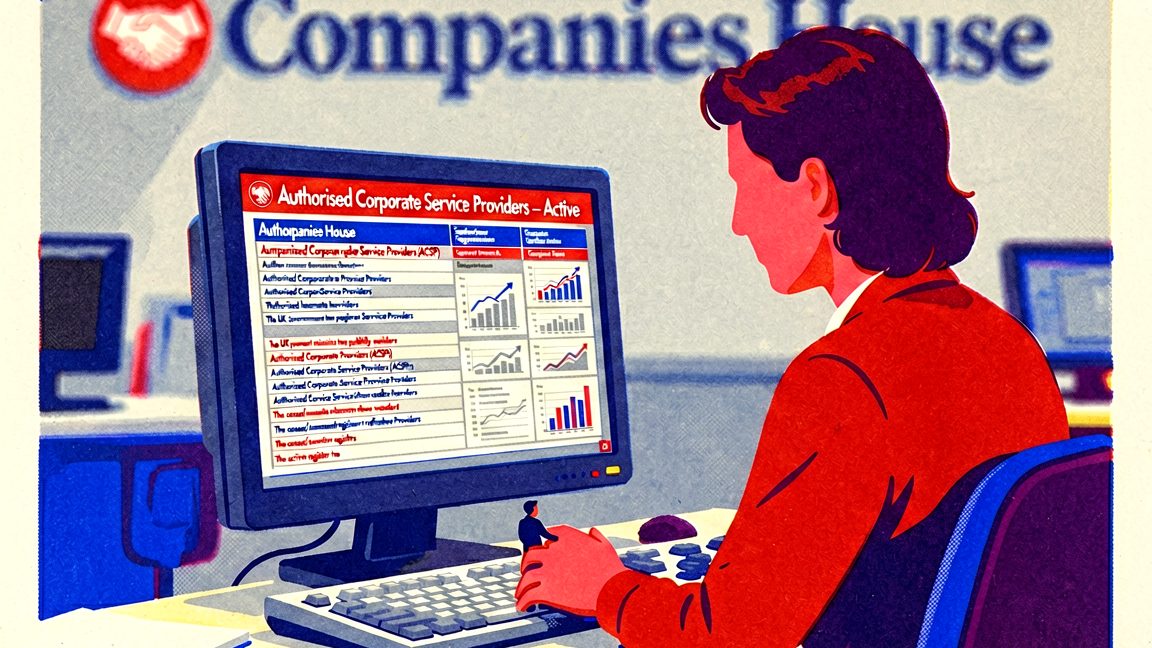 Companies House public register terminal screen showing the Authorised Corporate Service Providers (ACSP) list
