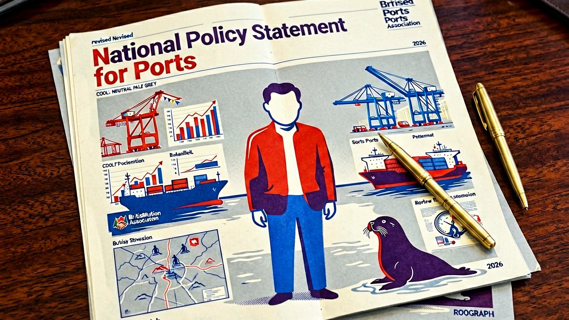 Printed copy of the revised National Policy Statement for Ports (2026) placed on a parliamentary desk