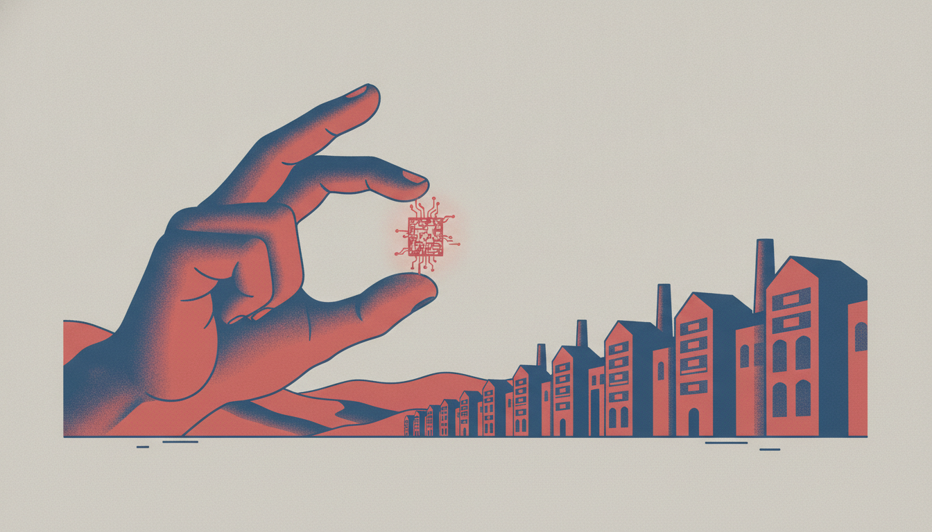 Two-colour illustration of a hand holding a microchip beside a row of British buildings